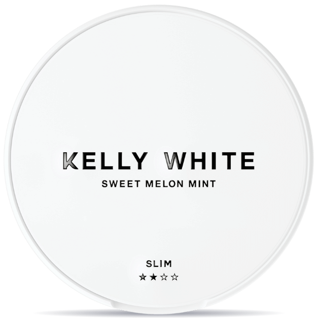 Front view of a can of KELLY WHITE Sweet Melon Mint Slim nicotine pouches