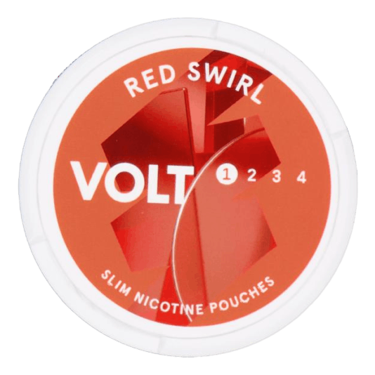 Front view of a can of VOLT Red Swirl Slim nicotine pouches