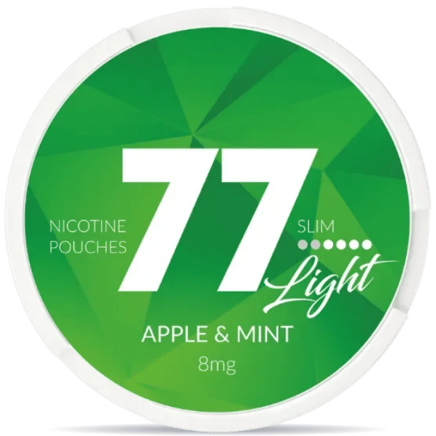 Front view of a can of 77 Apple Mint 8mg nicotine pouches