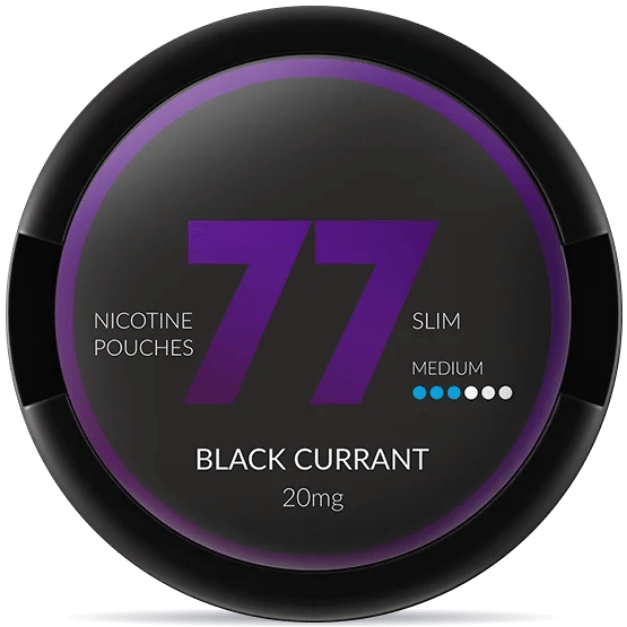 Front view of a can of 77 Black Currant 20mg nicotine pouches