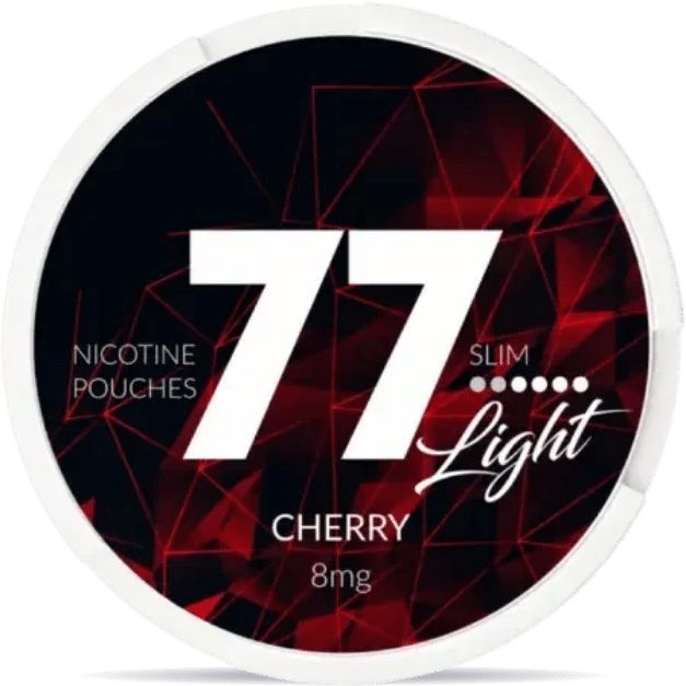 Front view of a can of 77 Cherry Slim Light 8 Mg nicotine pouches