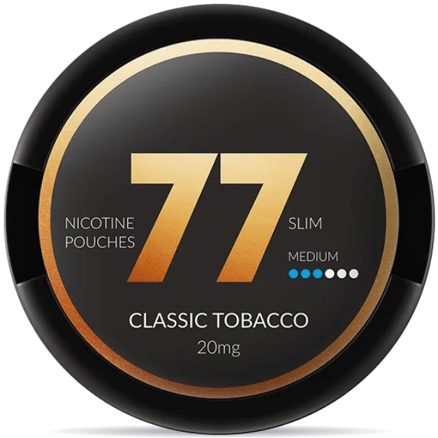 Front view of a can of 77 Classic Tobacco 20mg nicotine pouches