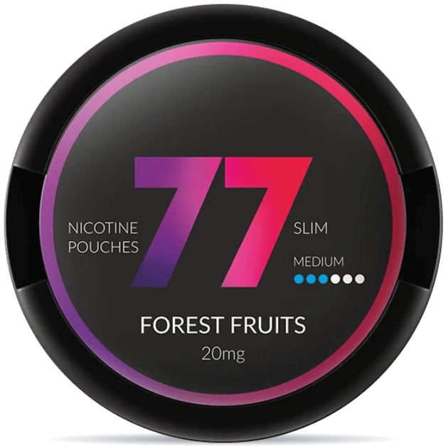 Front view of a can of 77 Forest Fruits 20mg nicotine pouches