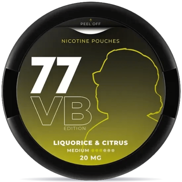 Front view of a can of 77 Liquorice Citrus 20mg nicotine pouches