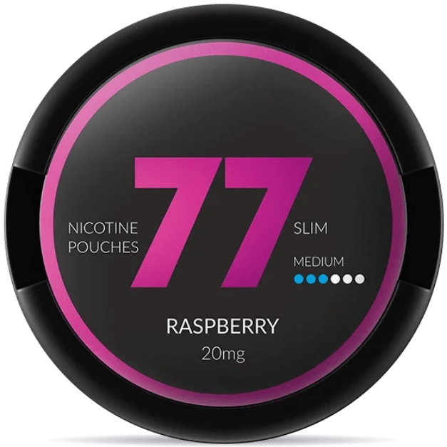 Front view of a can of 77 Raspberry 20mg nicotine pouches