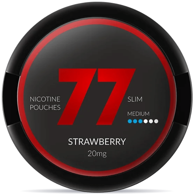 Front view of a can of 77 Strawberry 20mg nicotine pouches