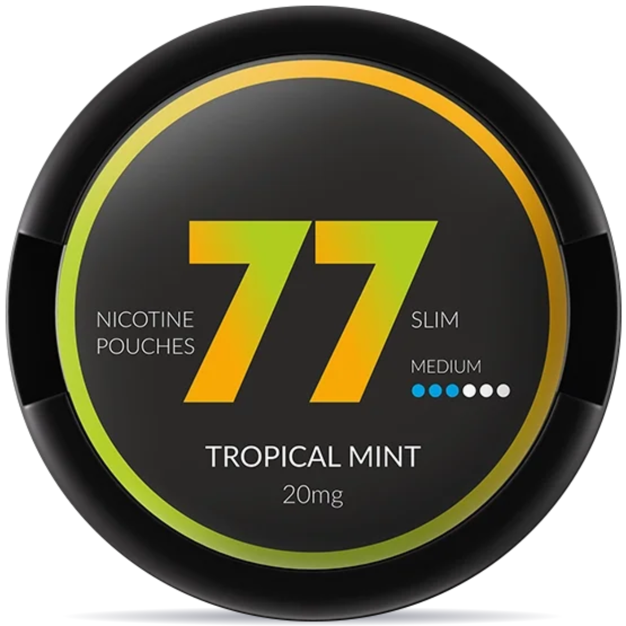 Front view of a can of 77 Tropical Mint 20mg nicotine pouches