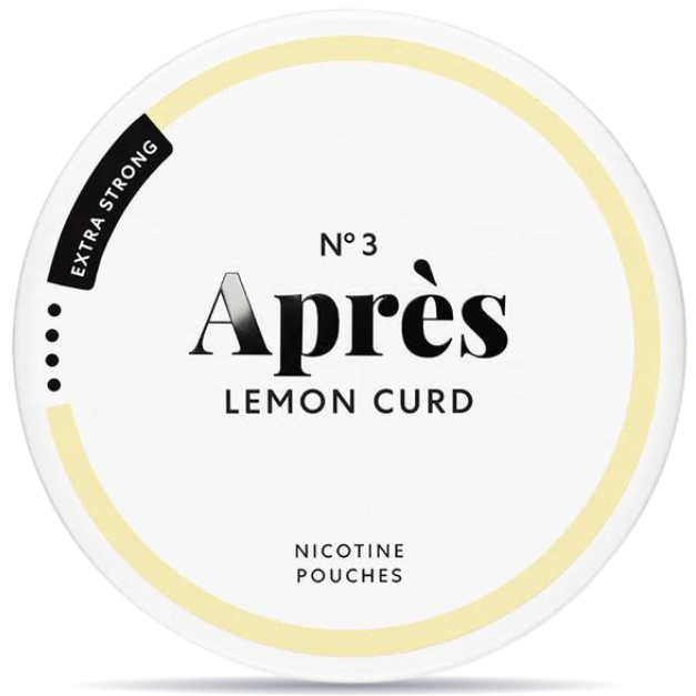 Front view of a can of Après No. 3 Lemon Curd Extra Strong nicotine pouches