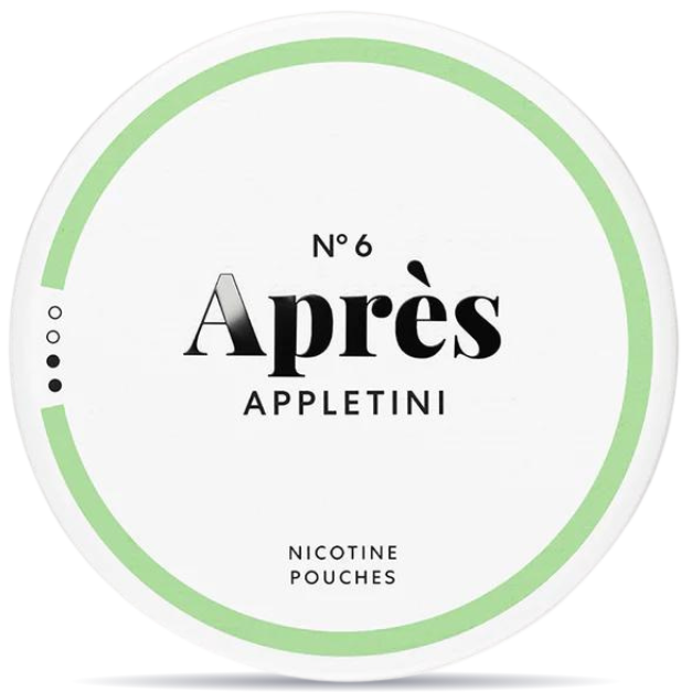 Front view of a can of Après No. 6 Appletini Normal Slim nicotine pouches