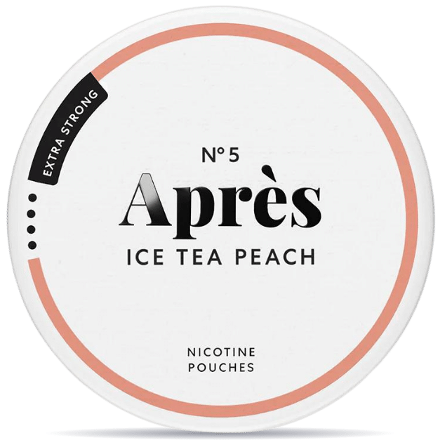 Front view of a can of Après No. 5 Ice Tea Peach Extra Strong nicotine pouches