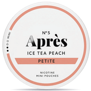 Front view of a can of Après No. 5 Ice Tea Peach Petite Mini nicotine pouches