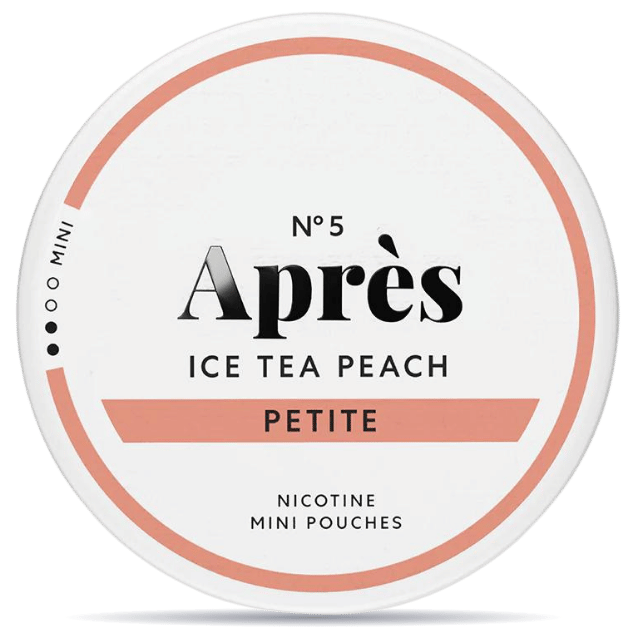 Front view of a can of Après No. 5 Ice Tea Peach Petite Mini nicotine pouches