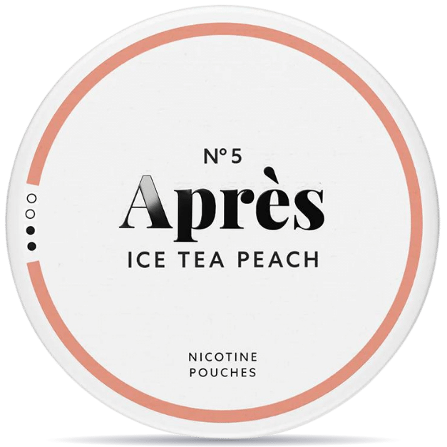 Front view of a can of Après No. 5 Ice Tea Peach Normal nicotine pouches