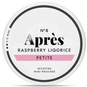 Front view of a can of Après No. 8 Raspberry Liqorice Petite Mini nicotine pouches