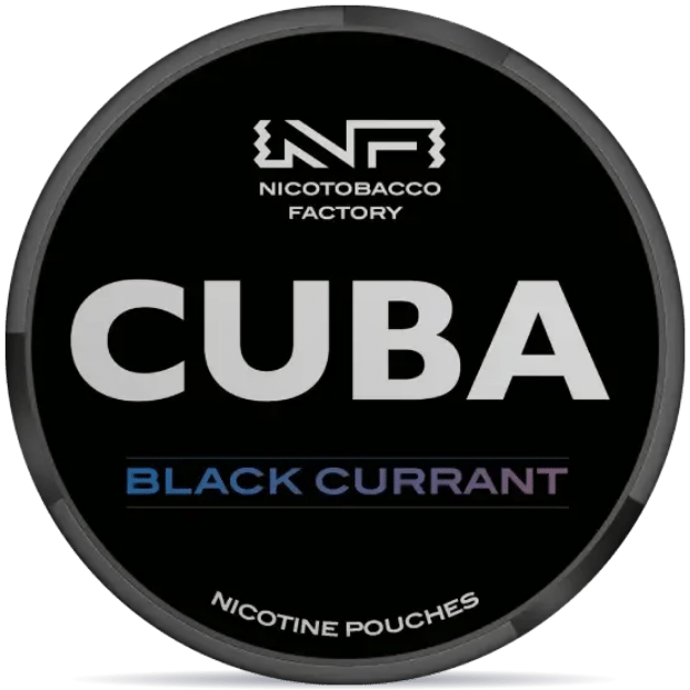 Front view of a can of CUBA Black Blackcurrant nicotine pouches