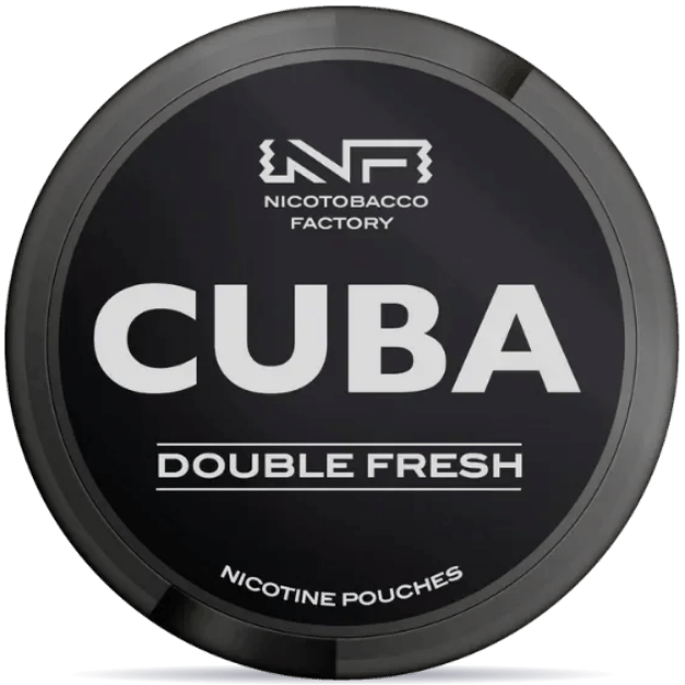 Front view of a can of CUBA Black Double Fresh nicotine pouches