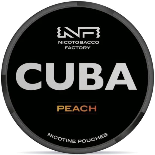 Front view of a can of CUBA Black Peach nicotine pouches