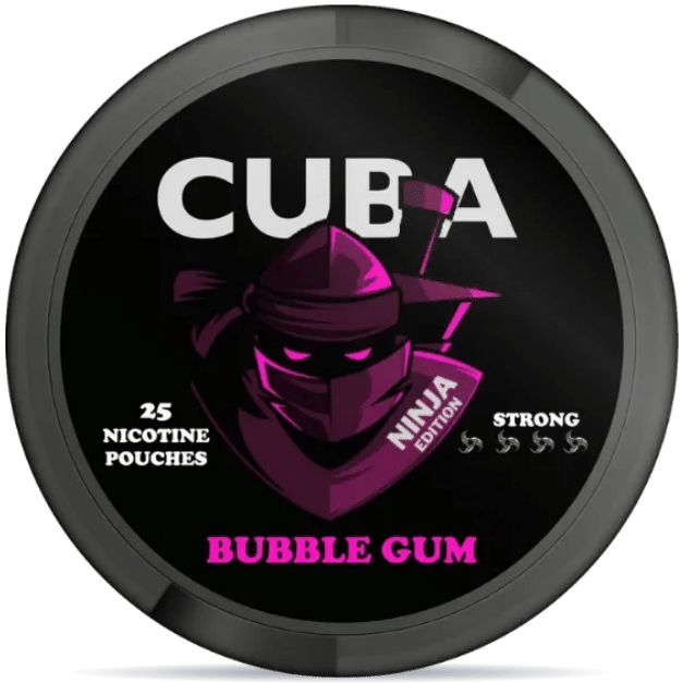 Front view of a can of CUBA Ninja Bubble Gum nicotine pouches