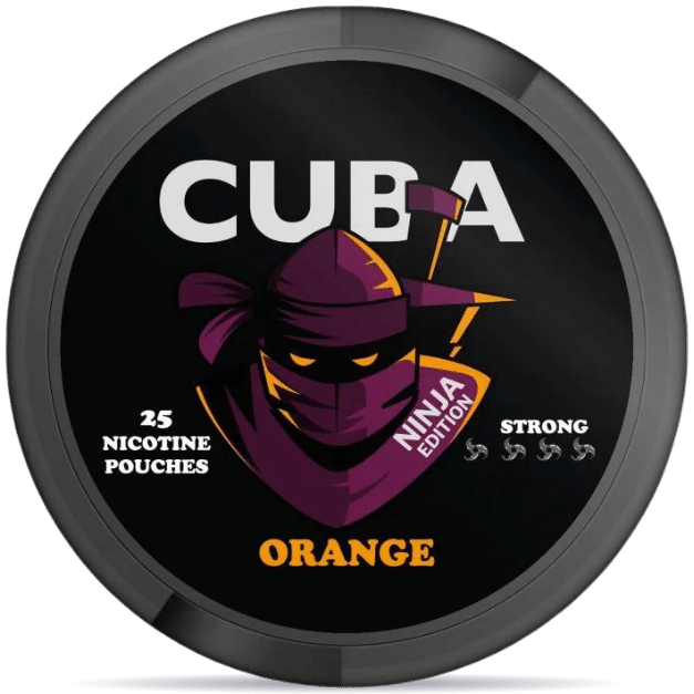 Front view of a can of CUBA Ninja Orange nicotine pouches