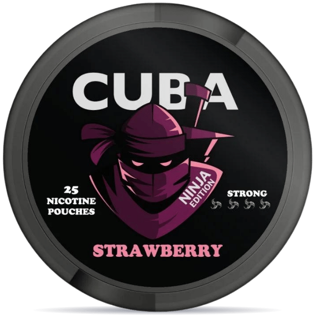 Front view of a can of CUBA Ninja Strawberry nicotine pouches