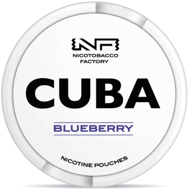 Front view of a can of CUBA White Blueberry nicotine pouches