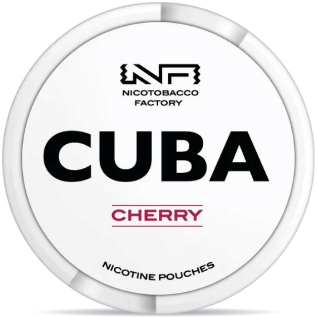 Front view of a can of CUBA White Cherry nicotine pouches