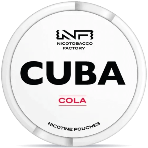 Front view of a can of CUBA White Cola nicotine pouches