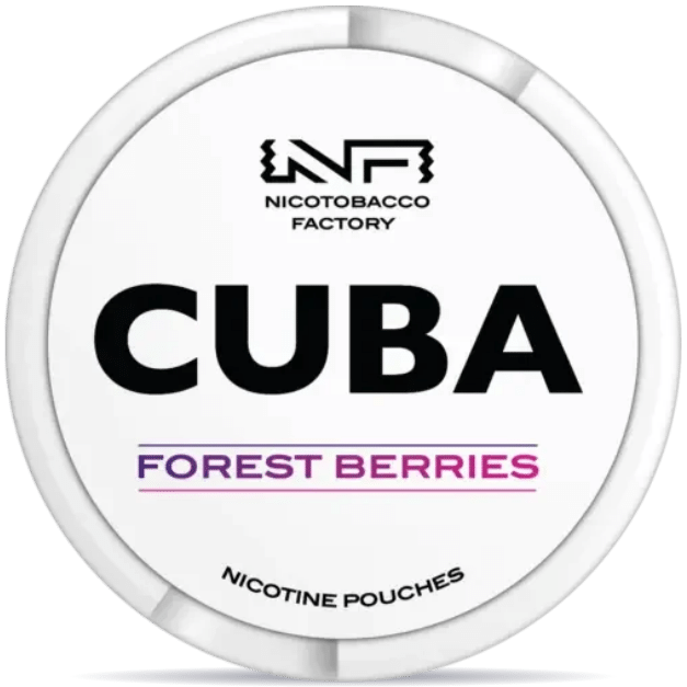 Front view of a can of CUBA White Forest Berries nicotine pouches