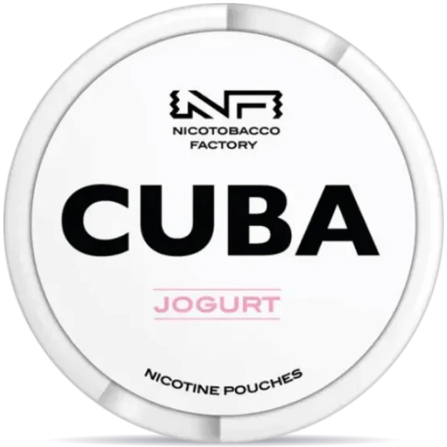 Front view of a can of CUBA White Jogurt nicotine pouches