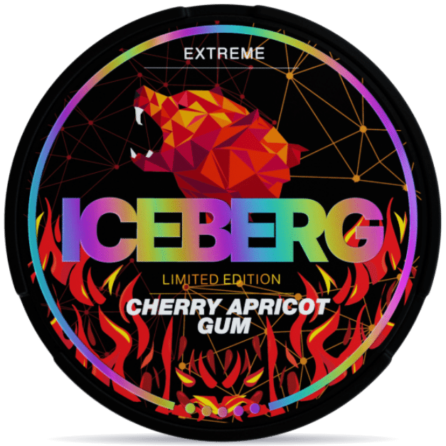 Front view of a can of ICEBERG Cherry Apricot Gum Extreme Slim nicotine pouches