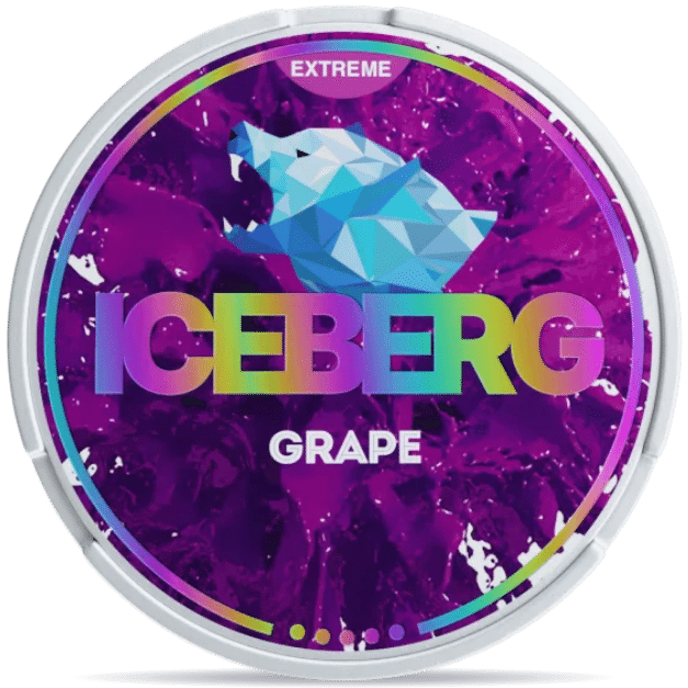 Front view of a can of ICEBERG Grape Extreme Slim 50mg nicotine pouches