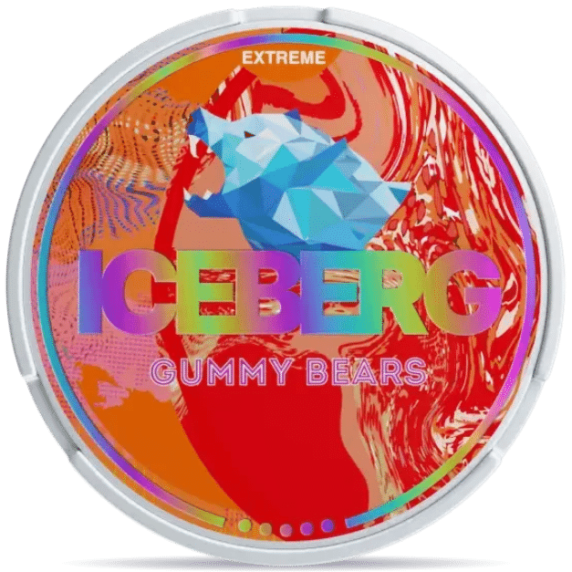 Front view of a can of ICEBERG Gummy Bears Extreme 50 Mg nicotine pouches