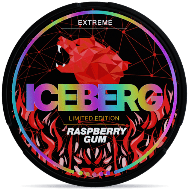 Front view of a can of ICEBERG Raspberry Gum Extreme Slim nicotine pouches