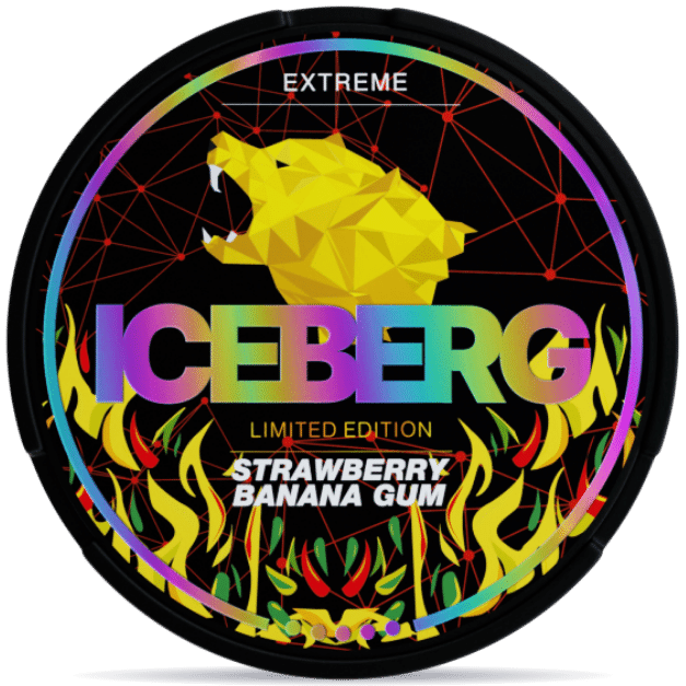 Front view of a can of ICEBERG Strawberry Banana Gum Extreme nicotine pouches