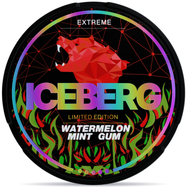 Front view of a can of ICEBERG Watermelon Mint Gum Extreme 50 nicotine pouches