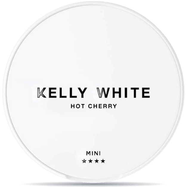 Front view of a can of KELLY WHITE Hot Cherry Mini nicotine pouches