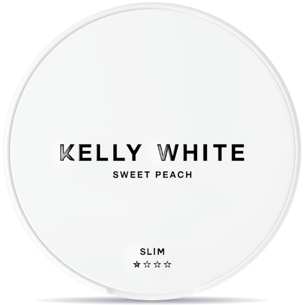 Front view of a can of KELLY WHITE Sweet Peach Slim nicotine pouches