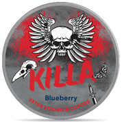Front view of a can of KILLA Blueberry Extra Strong Slim nicotine pouches