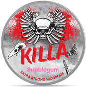 Front view of a can of KILLA Bubblegum nicotine pouches