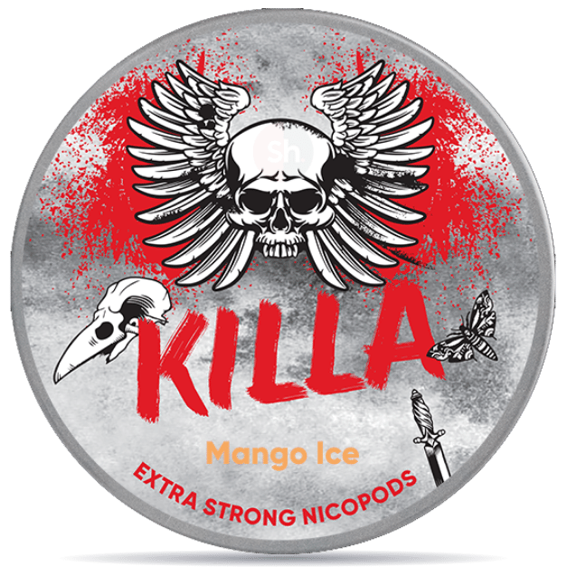 Front view of a can of KILLA Mango Ice nicotine pouches