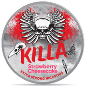 Front view of a can of KILLA Strawberry Cheesecake nicotine pouches