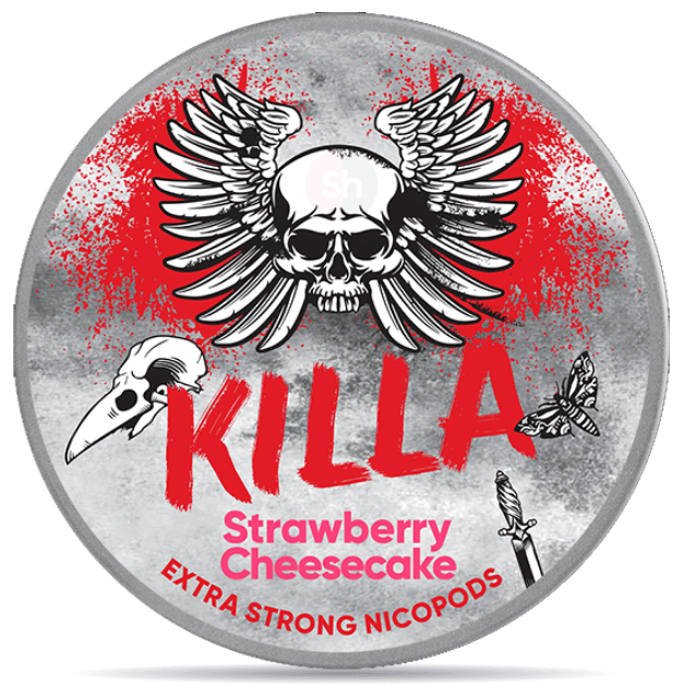 Front view of a can of KILLA Strawberry Cheesecake nicotine pouches