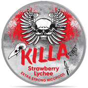 Front view of a can of KILLA Strawberry Lychee nicotine pouches