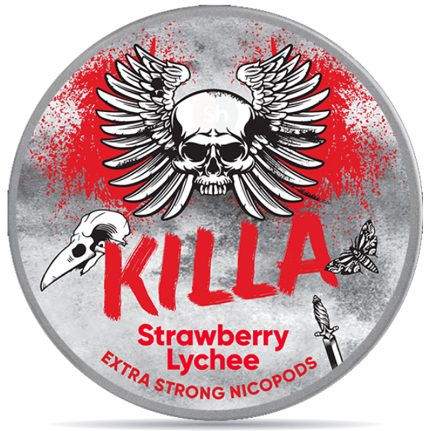 Front view of a can of KILLA Strawberry Lychee nicotine pouches