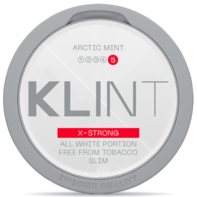 Front view of a can of KLINT Arctic Mint #5 X-strong Slim nicotine pouches