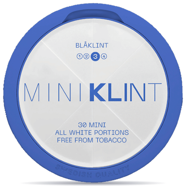 Front view of a can of KLINT Blåklint Mini Strong #3 nicotine pouches