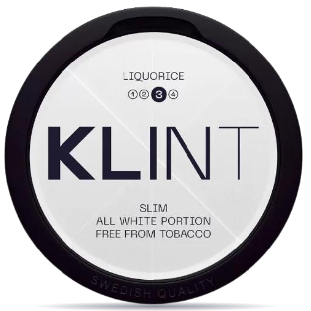 Front view of a can of KLINT Liquorice #3 Slim nicotine pouches