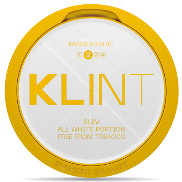 Front view of a can of KLINT Passionfruit #2 Slim nicotine pouches