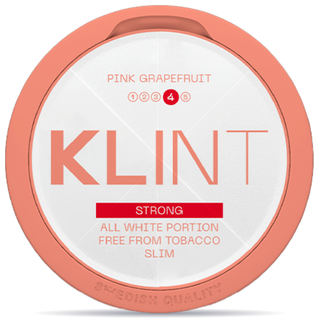 Front view of a can of KLINT Pink Grapefruit #4 Extra Strong nicotine pouches