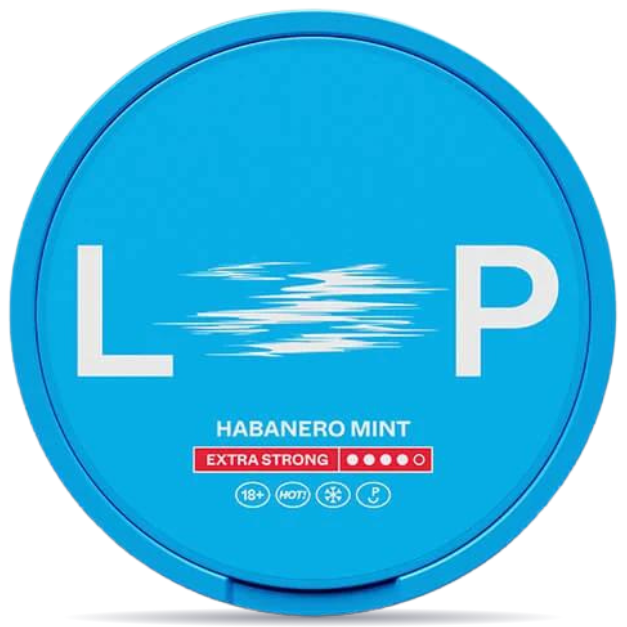 Front view of a can of LOOP Habanero Mint Extra Strong nicotine pouches